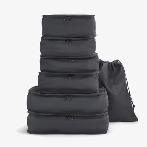 Rock 7 Piece Packing Cubes Set - Black | Includes 6 Organisers & Laundry Bag - Grab Handles - Lightweight & Durable - Maximises Space - Ideal for Travel & Business