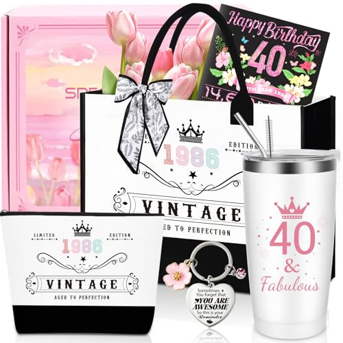 40th Birthday Gifts for Women,Unique 40 Years Old Birthday Include 20 Oz Stainless Steel Tumbler with Straw Gifts for Wife Aunt Sister Friends Her,Fashion 1986 Handbag Cosmetic Bag Born in 1986 Card