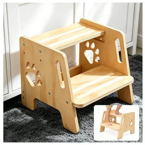 Wuciray Tritthocker Kinder Holz Tritthocker 2 Stufen mit Griffen 3 Höhenverstellbar rutschfeste 180kg Belastbarkeit Matte Step Stool Baby Kinderhocker Hocker Kinder für Küche Waschbecken Toilette