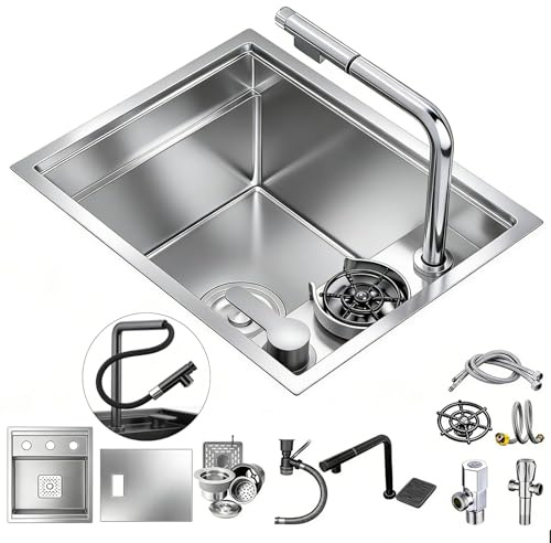 Lavello da Cucina Nano Lavello in Acciaio Inox Lavandino Multifunzione 1 Vasca con Lavabicchieri Rubinetto Estraibile Lavandino Altri Accessori Lavello da Lavoro A