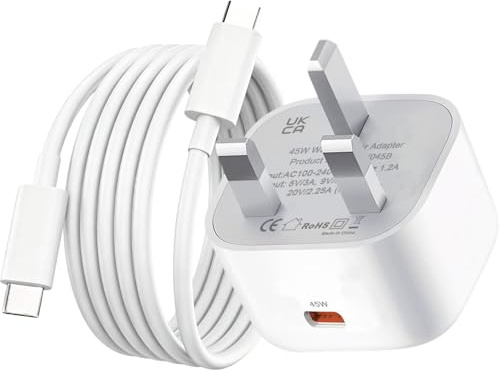 Fast Charger for iPhone 17 15 16 Pro Max/Air/17e,45W USB C Plug and Cable | 3 Pin UK Wall Charging Phone Adaptor Fast Charge for iPhone 16/16 Pro/15 Pro Max/15 Plus/iPad A16 A17/10/Pro/Air/Mini,White