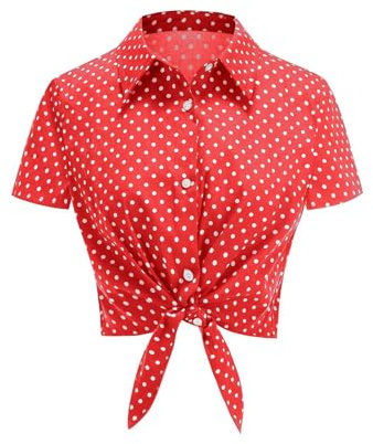 Generisch Haut-femme avec col montant à pois - Crop top vintage - Blouse sans manches à nœud à boutons - Oxford à manches courtes - Chemise dété décontractée - Rockabilly - Tunique - Pour la plage