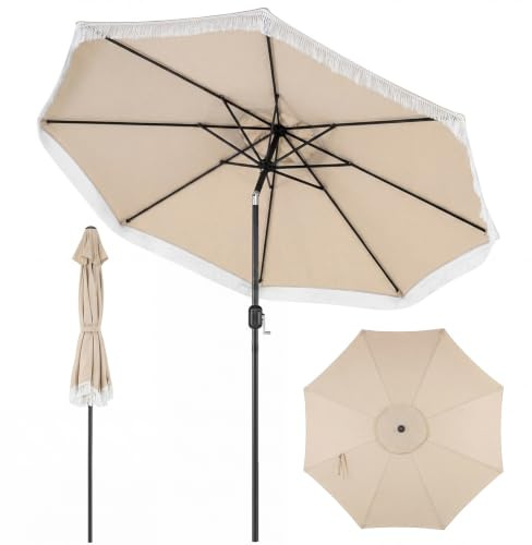 RELAX4LIFE 2,7M Parasol Inclinable à Franges pour Terrasse Balcon Piscine, Parasol de Jardin Extérieur à 8 Baleines, Protection UV, Polyester Résistant, Manivelle, Loquet de Sécurité, Attache (Beige)