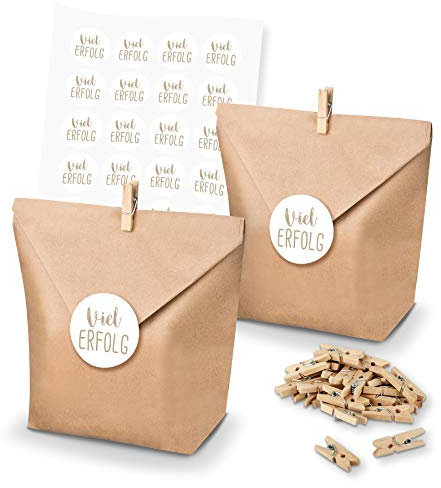 itenga SET Geschenktüten Kraftpapier Viel Erfolg (Motiv 121) 24 x Tüten + Klammern + Stickerbogen