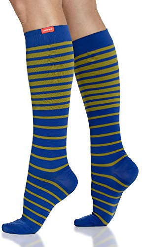 VIM & VIGR 30-40 mmHg Medical Grade Compression Socks for Women & Men (Blue & Moss Falling Stripe, Large/X-Large Wide Calf (6)), Blue & Moss Falling Stripe, 6