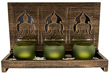 Teelichthalter Buddha mit 3 Teelicht Gläsern Kerzenhalter Tischdeko Wohnzimmer Dekoration 29 cm