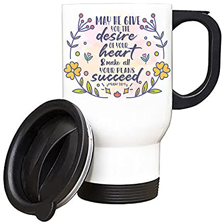 May He Give You The Desires of Your Heart Bible Verse/Quote Faith in God Present for Men/Women, Thanks Giving, Birthday Present Silver/White Insulated Travel Tea/Coffee Mug. (White)