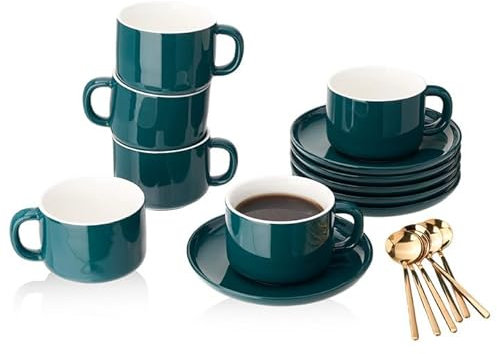 CHILDIKE Porcelain Coffee Cups and Saucers Set of 6 with Gold Spoon 220 ml/ 8 Ounce, Ceramic Green Cups for Tea Cappuccino Espresso