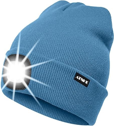 ATNKE LED Beleuchtete Mütze,Wiederaufladbare USB Laufmütze mit Licht Extrem Heller 4 LED Lampe Winter Warme Stirnlampe für Herren und Damen Geschenke/Magnolia Blue