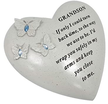 Adorno de tumba personalizable, placa conmemorativa con corazón con 3 mariposas y gemas azules, regalo de decoración para tumba en el recuerdo amoroso de tus seres queridos fallecidos (nieto)
