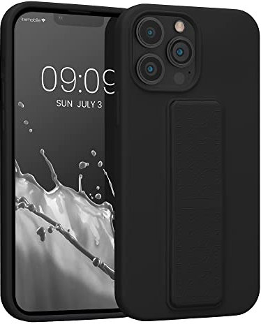 kwmobile Case Compatible with Apple iPhone 13 Pro Max - Case with Hand Strap and Stand Soft TPU Silicone Coating - Black