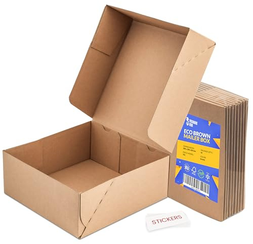 Packaging Hero 8 x 8 x 3 Corrugated Cardboard Mailing Boxes, shipping boxes, gift boxes, e-commerce boxes with free clear round stickers (Pack of 10)