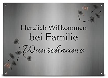 PR Print Royal Wetterfestes Türschild Familie mit Namen - Willkommen bei Familie Ihr Name - Familienschild personalisiert Haustür Schilder Familie mit Name | Metallschild Pusteblume, 21x15 cm
