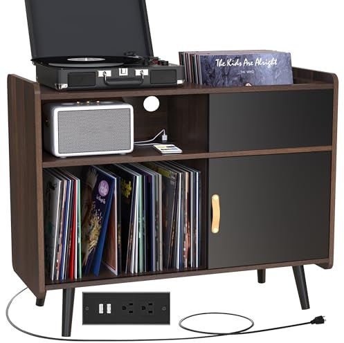 GDLF Large Record Player Stand, Vinyl Record Storage Cabinet with Power Outlet, Record Player Table Holds up to 350 Albums, Turntable Stand with Wood Legs for Living Room,Bedroom,Office