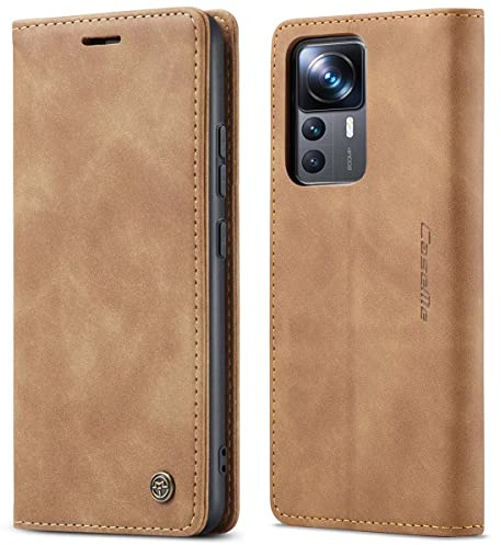 mvced Handyhülle Kompatibel mit Xiaomi Mi 12T/12T Pro 5G,Premium Leder Flip Case Schutzhülle mit Standfunktion,Braun