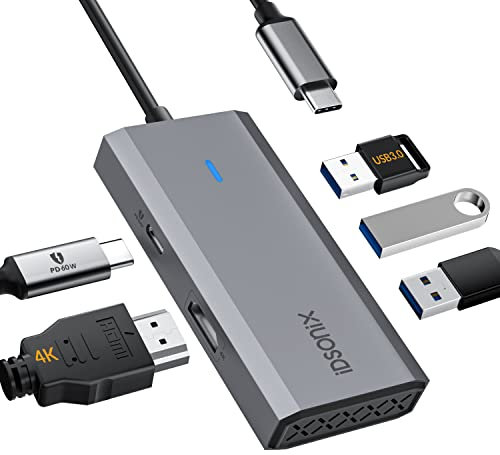 USB C Hub, iDsonix 5 in 1 Aluminium USB C Hub Docking Station mit 4K HDMI Adapter, 60W PD, USB 3.0 Anschluss, USB C Hub kompatibel für MacBook Air/Pro, iPad, HP, Dell (Grau)