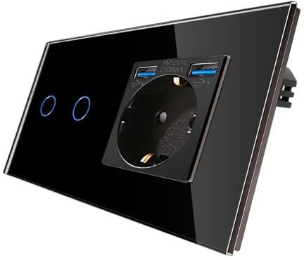 CNBINGO Interruptor de luz táctil con enchufe Schuko con puertos USB(tipo A 2,1 amp total) – Enchufe USB empotrado, interruptor de pared de cristal en negro – 2 vía