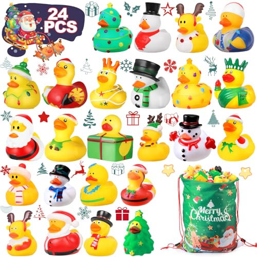 SCIONE 24PCS Canards en Caoutchouc de Noël Jouets de Bain Remplissage de Sacs de Noël pour Les Enfants Jouets de Piscine pour la Douche de bébé Prix pour Cadeaux de Classe pour Enfants Fournitures