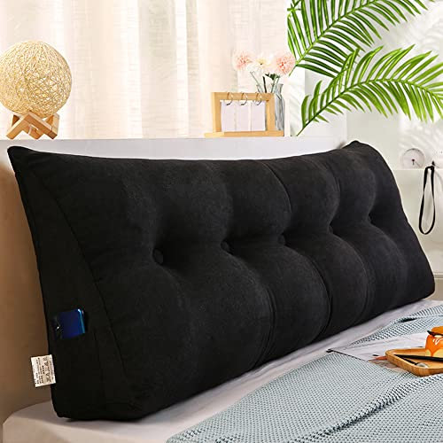 Raktov Dreieckiges Kopfteilkissen mit abnehmbarem Bezug, Polster mit Holzrücken, dreieckiges Lesekissen, einfarbiges Keil-Kopfteilkissen für Bett, Sofa, Schlafzimmer, 150 x 50 x 20 cm, Schwarz