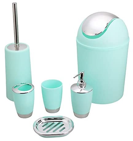Worparsen 6Pcs Bathroom Accessories Set, Lotion Bottle Toothbrush Mouthwash Cup Waste Bin Soap Dish Toilet Brush Kit Mint Green