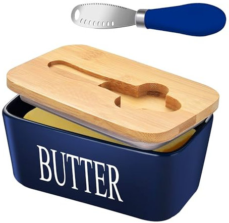 Lovelyduo Ceramic Butter Dish with Bamboo Lid Large Butter Keeper Container with Curler Knife and Double Silicone Sealing Butter Holder Rectangle Navy Blue