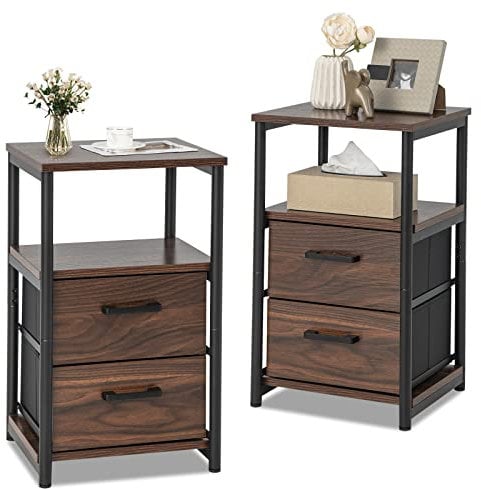 COSTWAY Bedside Table, Industrial Nightstand End Sofa Side Table with 2 Folding Drawers and Storage Shelf, Metal Frame Wooden Bedside Cabinet Accent Tea Table for Living Room Bedroom Office (2)