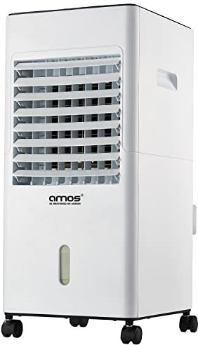 AMOS Portable Air Cooler & Heater 65W/2000W with 5L Tank, Remote, 3 Speeds, Digital Display, 12H Timer, Oscillation, Wheels & 2 Ice Packs – Cooling, Heating & Humidifying Fan for Home/Office, White