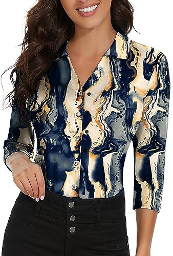 Soneven Elegante Bluse mit V-Ausschnitt für Damen - Sport T-Shirt mit Kragen - Langarm - Sommer Golf Poloshirt - Atmungsaktiv, Crackle-Druck, XXL