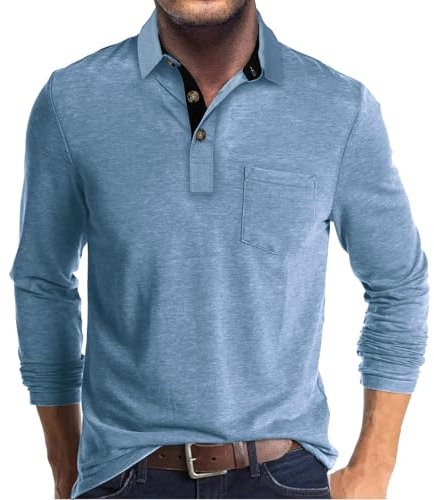 Mens Polo Shirts Long Sleeve Tops Casual Shirt Golf Top Cotton Tee Basic T-Shirt Knitted Buttons Blue L