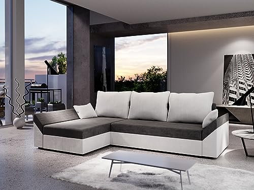 ALTDECOR Ecksofa mit Schlaffunktion und Bettkasten Corner Sofa Bett Eckcouch Couch L-Form Schlafcouch Ausziehbar Wohnlandschaft Schlafsofa Cauchsofa - DAN-L - 240x144x81cm Weiß/Dunkelgrau