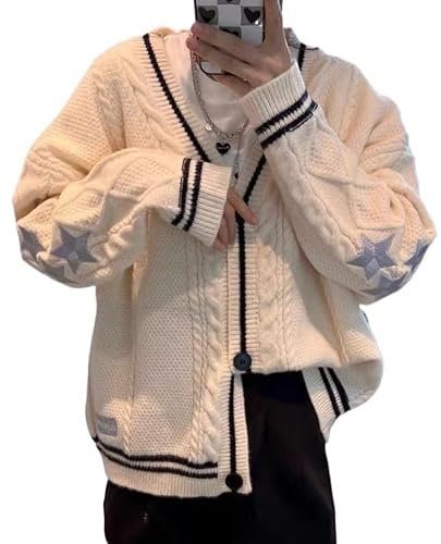 Women's Cardigan Star Embroidery Knit Open Front Cardigan V Neck Long Sleeve Oversized Button Sweater Coat Outwear, Beige1, Small