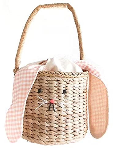 Panysilioer Bolsa de ratán para niños y adultos, bolsa de paja de playa, bolso de cesta de hombro, bolso con orejas de conejo, crema, Einheitsgröße