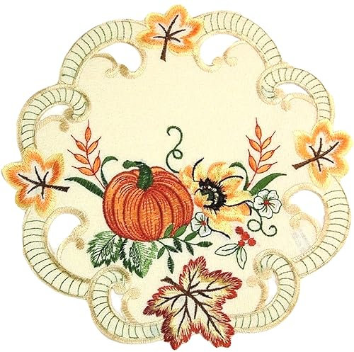 Espamira Deckchen Herbst Rund 30 cm Kürbis Tischdecke Tischdekoration Halloween Untersetzer Aufleger Stoff Bestickt Pflegeleicht