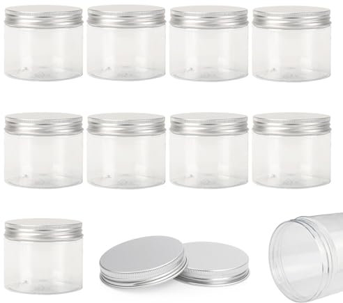 10 botellas vacías transparentes de PET con tapa de aluminio de rosca, 60 ml, mini frascos de plástico rellenables para aceites esenciales, polvos, cremas, ungüentos, muestra de maquillaje, 50 x 48 mm