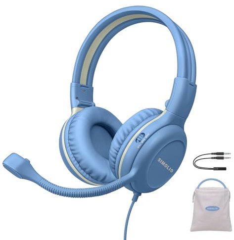 SIMOLIO Casque filaire pour enfants pour école virtuelle avec microphone, casque sans fil à volume sûr avec micro rotatif flexible pour garçons, adolescents, enfants, casque pliable léger pour jeux,