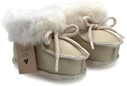 Babyschuhe aus Lammfell Junge & Mädchen warme Kinder Hausschuhe Geschenk zur Geburt Taufe Babyparty Krabbelschuhe Lammfellschuhe Baby (Creme, EU Schuhgrößensystem, Baby, Numerisch, M, 16)