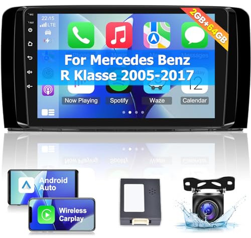 Android 2+64G Car Stereo für Mercedes Benz R Klasse W251 R280 R300 R320 R350 2005-2017 - 9 Zoll Touchscreen Radio - Kabellos Carplay & Android Auto WiFi Mirror Link SWC + Rückfahrkamera&Mic