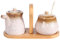 Jarsense Ceramic Sugar and Creamer Set, Sugar Bowl with Lid and Cream Pitcher with Spoon, Milk Jug Sugar Jar Coffee Serving Set with Tray for Home Milk Coffee - Beige