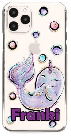 Personalised Initial Phone Case For Apple iPhones, 14, 13, 12, 11, Pro Max, Mini, XR, XS, Pink Seal Unicorn Phone Case with Name, Clear Hard Phone Cover