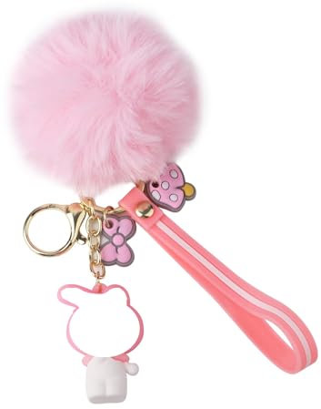 IHLOOTD Cartoon Schlüsselanhänger Karabiner 3D Autoschlüsselanhänger Keychain mit Pompoms für Rucksack, Autoanhänger, Kinder Geschenke (A)