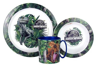 3 teiliges Kinder-Geschirrset Frühstücks-Set Essteller Müslischale Trinkbecher Kunststoff BPA-frei (Jurassic)