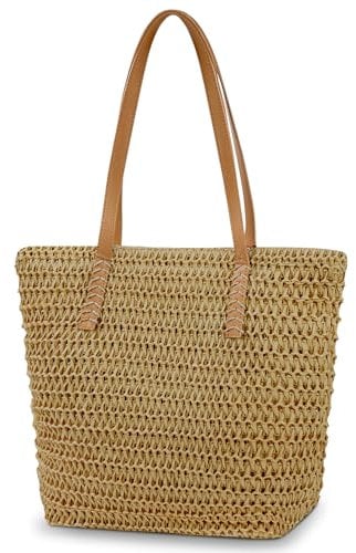 Aucuu Sac à bandoulière en paille pour femme, sac de plage, grand sacs à main à fermeture éclair, sacs fourre-tout bohème d'été, pour l'extérieur, les voyages et la plage, Caramel,