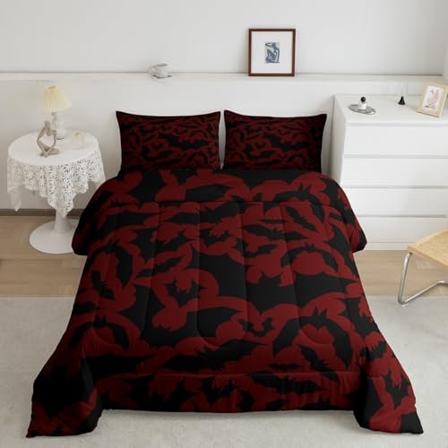 Castle Fairy Happy Halloween-Bettwäsche-Set, King-Size-Größe, schwarze Fledermäuse, Tierdruck, Silhouette, Ganzjahres-Bettwäsche-Set, Happy Holiday, Gothic-Stil, rote Mikrofaser-Polyester-Daunendecke