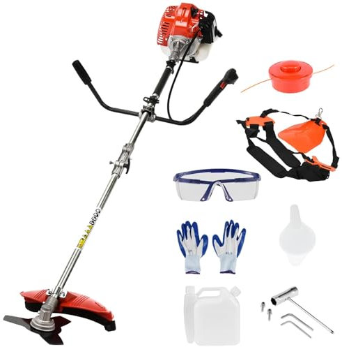 52cc 2-Stroke Petrol Grass Strimmer,Petrol Brush Cutter, Petrol Strimmer,Garden Strimmer Cordless Gas Powered Grass Trimmer for Garden, Plastic Handle & Shoulder Strap Included &3T-Blade (Red)