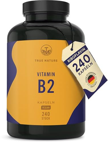 Vitamin B2 Riboflavin - Hochdosiert: 250mg Riboflavin - 240 Kapseln (Big Pack) - Unterstützt Energiestoffwechsel, Haut und Nerven - Laborgeprüft - Vegan & Deutsche Produktion - TRUE NATURE
