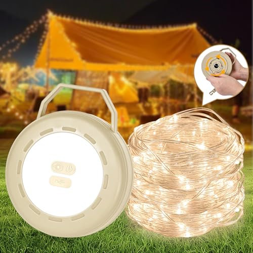 Dealswin Camping Lichterkette Aufrollbar, Outdoor Lichterkette mit 6 Beleuchtungsmodi, USB Aufladung 10m Tragbare Wasserdichte LED Campinglampe für Camping Licht Hof Deko und Wandern (Beige)