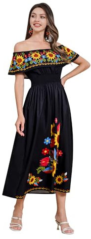 Odizli Vestido de verano largo para mujer, estilo bohemio, con hombros descubiertos, flores, líneas A, vestido maxi, Negro , L
