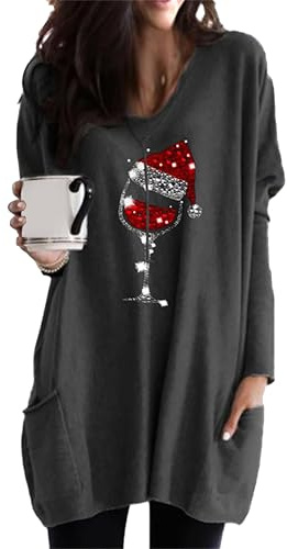 EFOFEI Femme Chemise à Pull De Couleur Unie sous Chemise Confortable Robe Chemise Imprimée à Manches Longues Robe Verre à Vin Gris Foncé XL