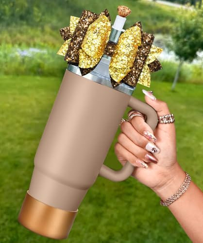 Toykee Cup Boot with Straw Cover for Stanley 40 30 oz - Coffee Gold Bow Straw Topper and Diamond Caps with Bottom Protector 3 PCS Sets for Tumbler Accessories