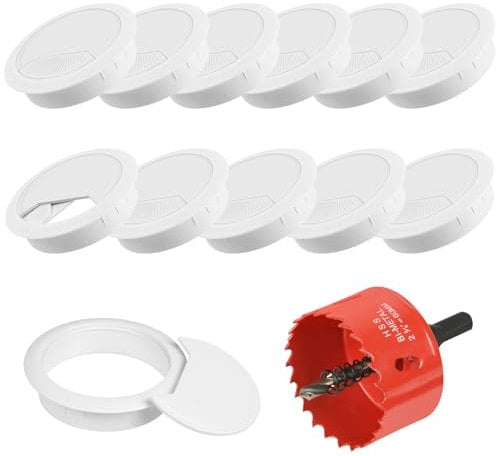 Flintronic 12 Piezas Pasacables Escritorio, 60 mm Cubierta de Orificio de Cable Blanco, Cable Ojales Escritorio Computadora con Sierra Perforadoras, Escritorio Cubierta de Agujero para Hogar y Oficina